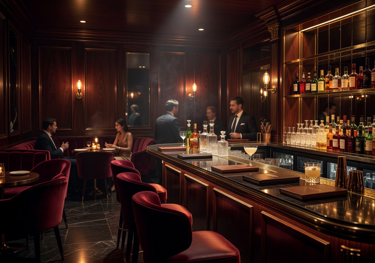 Atmospheric luxury bar interior with warm ambient lighting