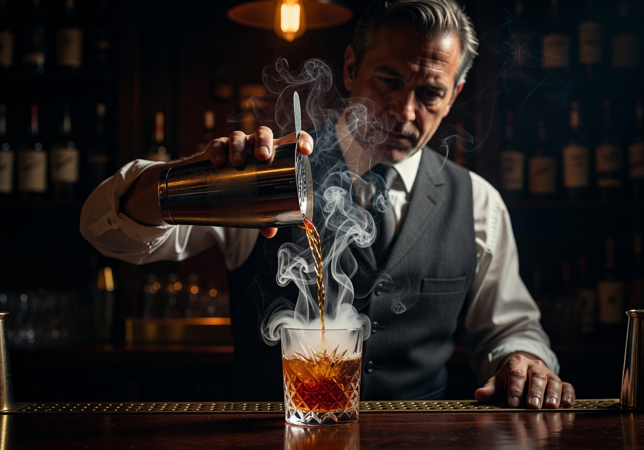 Bartender pouring a theatrical smoky cocktail