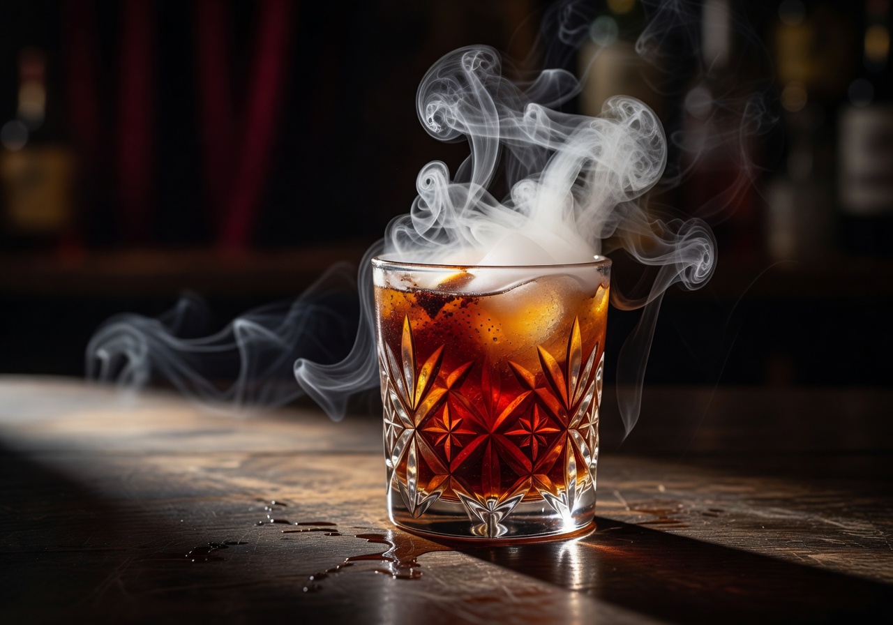 Close up of a craft theatrical cocktail with smoke