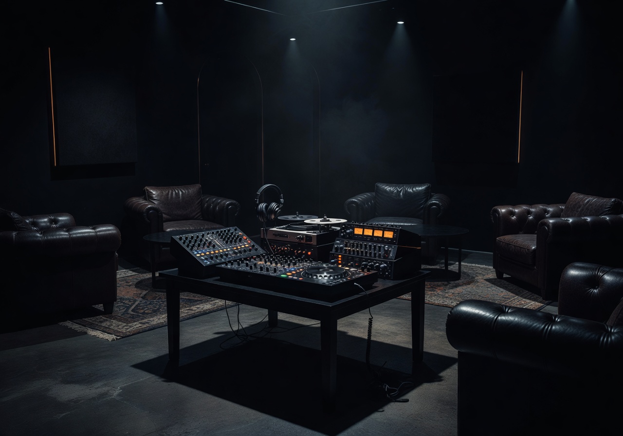 DJ or ambient sound equipment in a dark lounge setting