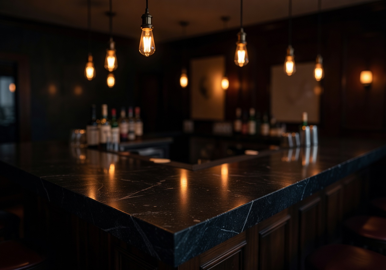 Warm glowing lights over a dark stone bar counter